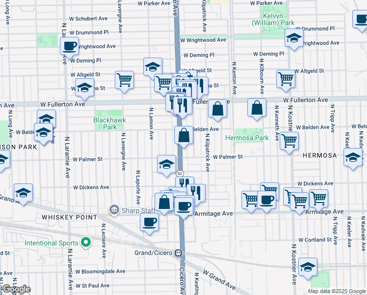 map of restaurants, bars, coffee shops, grocery stores, and more near 4743 West Palmer Street in Chicago