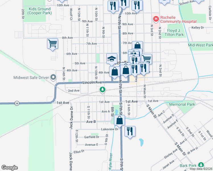 map of restaurants, bars, coffee shops, grocery stores, and more near 126 North 9th Street in Rochelle