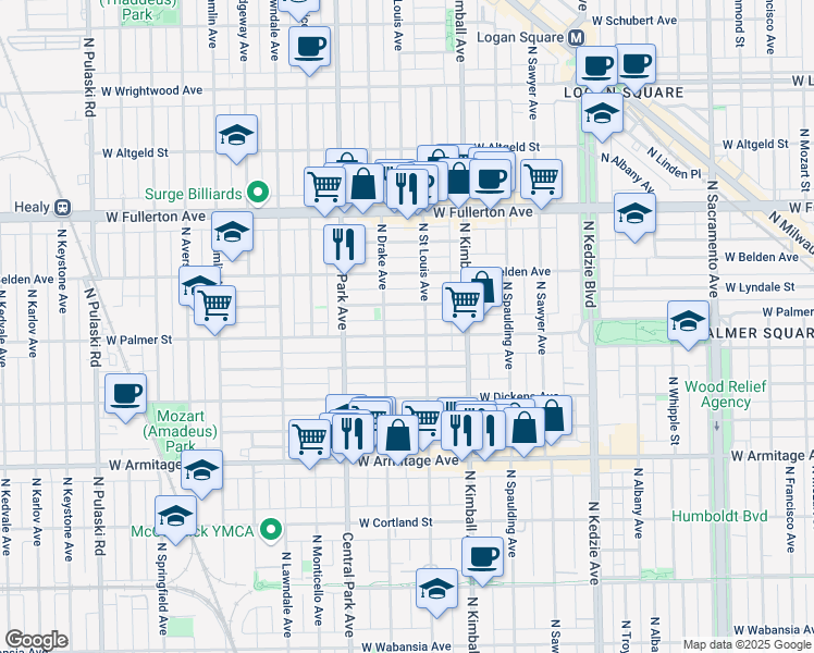 map of restaurants, bars, coffee shops, grocery stores, and more near 3508 West Shakespeare Avenue in Chicago