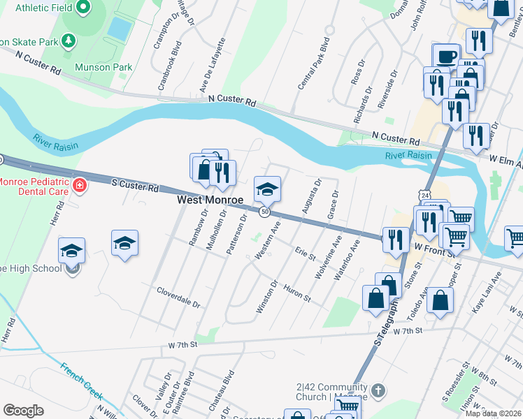 map of restaurants, bars, coffee shops, grocery stores, and more near 1934 South Custer Road in Monroe