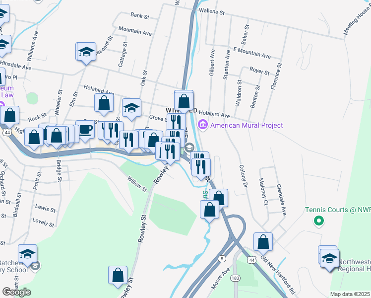 map of restaurants, bars, coffee shops, grocery stores, and more near 32 Park Place in Winchester
