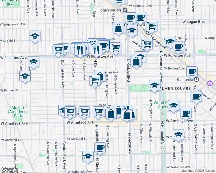 map of restaurants, bars, coffee shops, grocery stores, and more near 3268 West Palmer Street in Chicago