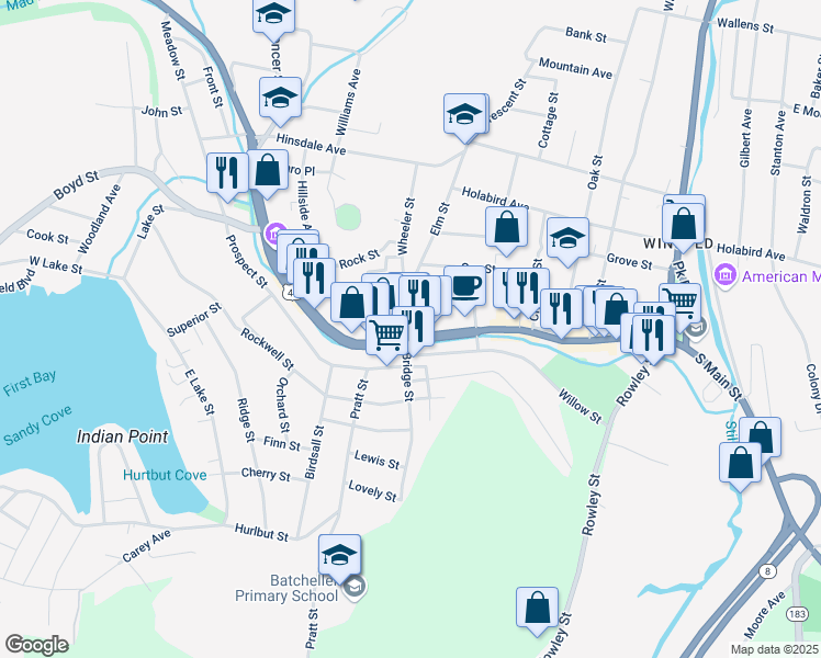 map of restaurants, bars, coffee shops, grocery stores, and more near 45 Elm Street in Winchester