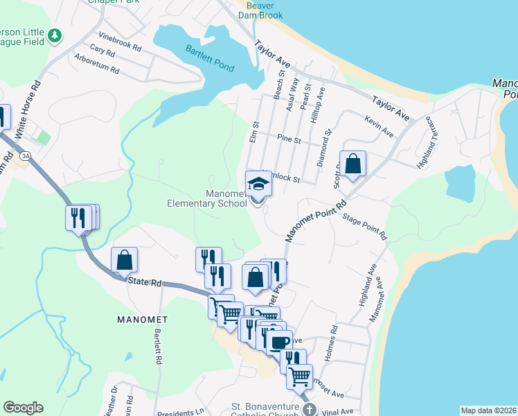 map of restaurants, bars, coffee shops, grocery stores, and more near 70 Manomet Point Road in Plymouth
