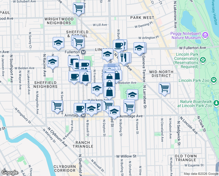 map of restaurants, bars, coffee shops, grocery stores, and more near 2142 North Halsted Street in Chicago