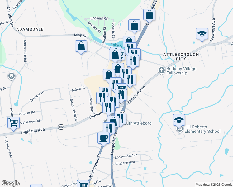 map of restaurants, bars, coffee shops, grocery stores, and more near 287 Washington St in Attleboro