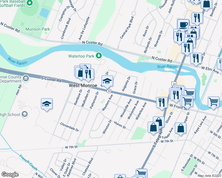 map of restaurants, bars, coffee shops, grocery stores, and more near 549 Bellestri Drive in Monroe