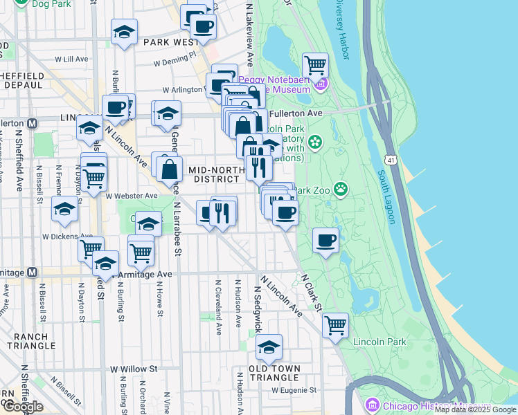map of restaurants, bars, coffee shops, grocery stores, and more near 400 West Webster Avenue in Chicago