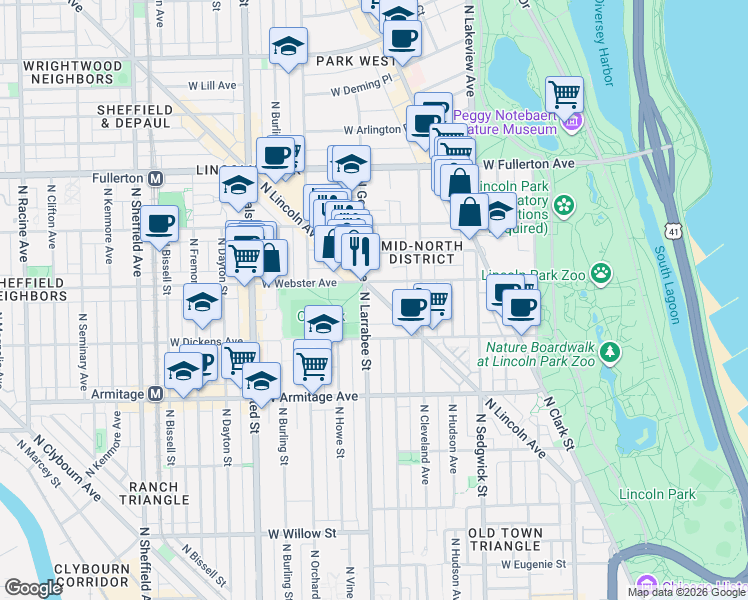 map of restaurants, bars, coffee shops, grocery stores, and more near 558 West Webster Avenue in Chicago