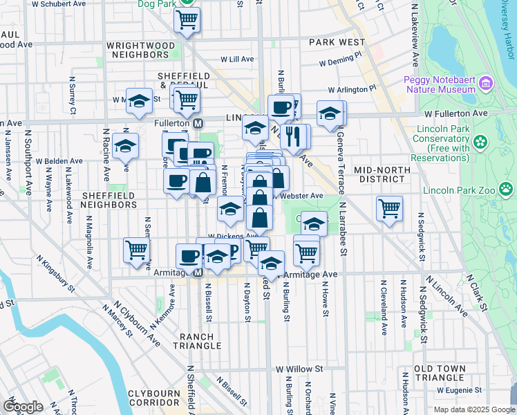 map of restaurants, bars, coffee shops, grocery stores, and more near 822 West Webster Avenue in Chicago