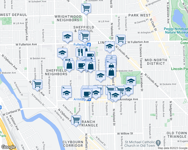 map of restaurants, bars, coffee shops, grocery stores, and more near 940 West Webster Avenue in Chicago