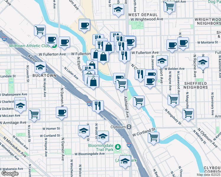 map of restaurants, bars, coffee shops, grocery stores, and more near 1740 West Webster Avenue in Chicago