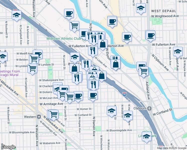 map of restaurants, bars, coffee shops, grocery stores, and more near in Chicago