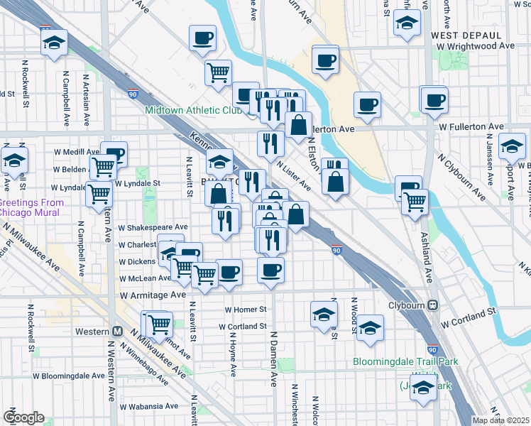 map of restaurants, bars, coffee shops, grocery stores, and more near in Chicago