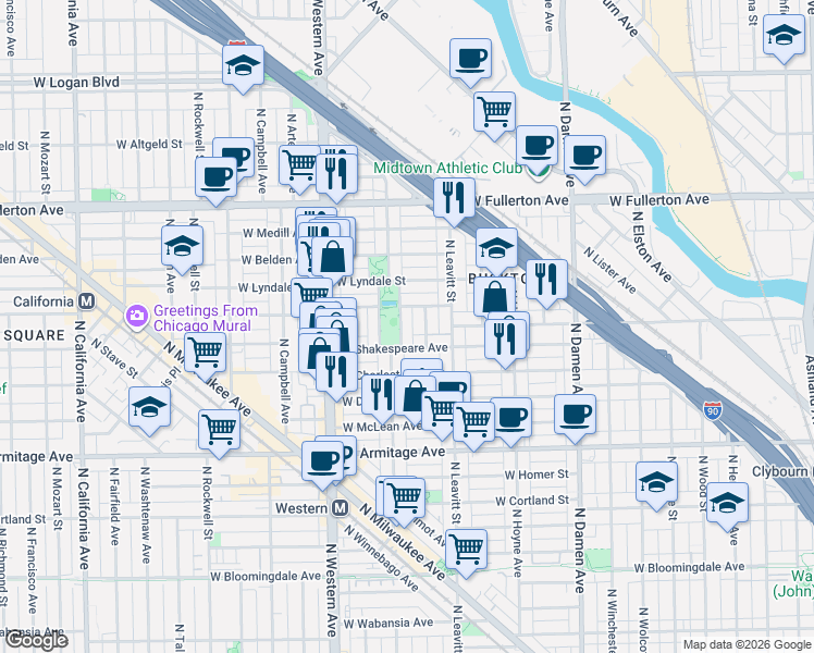 map of restaurants, bars, coffee shops, grocery stores, and more near 2234 West Palmer Street in Chicago