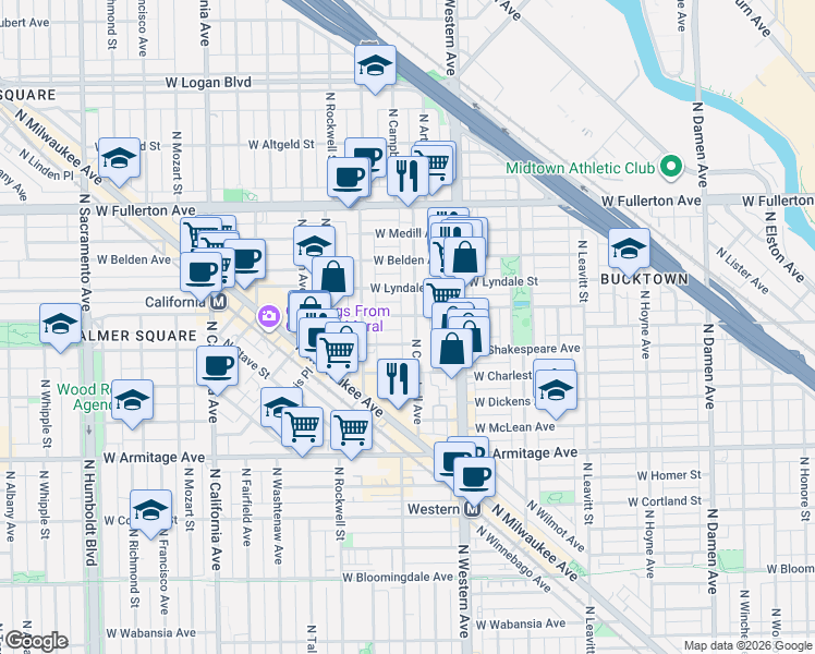 map of restaurants, bars, coffee shops, grocery stores, and more near 2516 West Palmer Street in Chicago