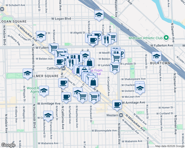 map of restaurants, bars, coffee shops, grocery stores, and more near 2208 North Maplewood Avenue in Chicago