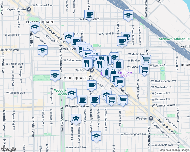 map of restaurants, bars, coffee shops, grocery stores, and more near 2262 North Milwaukee Avenue in Chicago