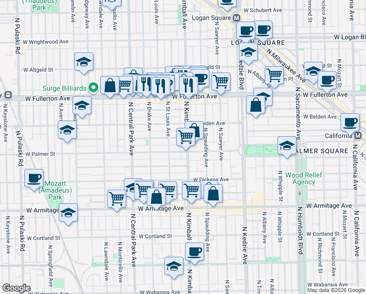 map of restaurants, bars, coffee shops, grocery stores, and more near 3406 West Lyndale Street in Chicago
