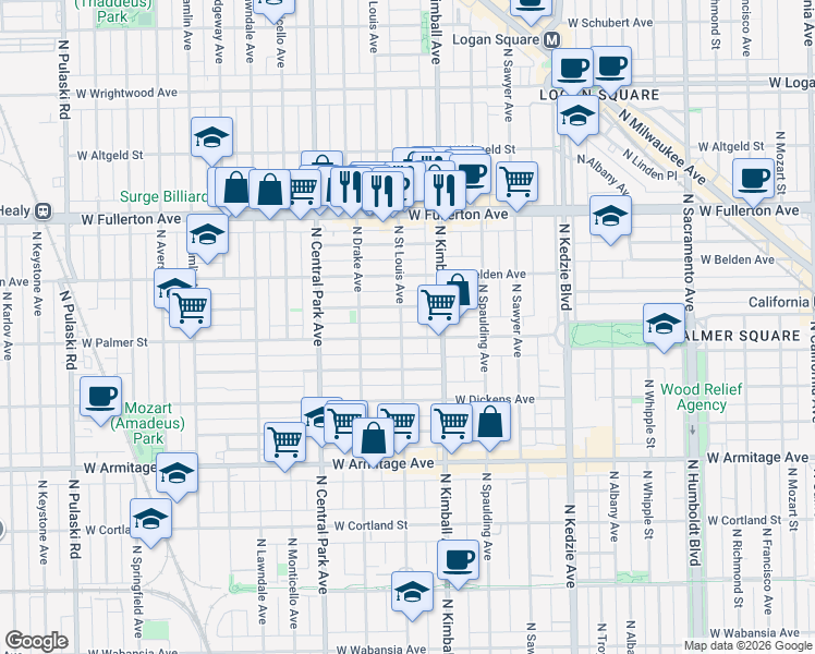 map of restaurants, bars, coffee shops, grocery stores, and more near 3504 West Lyndale Street in Chicago
