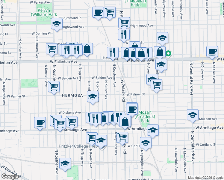map of restaurants, bars, coffee shops, grocery stores, and more near 2239 North Karlov Avenue in Chicago