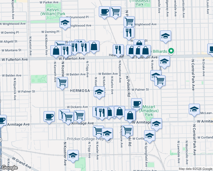 map of restaurants, bars, coffee shops, grocery stores, and more near 2238 North Kedvale Avenue in Chicago