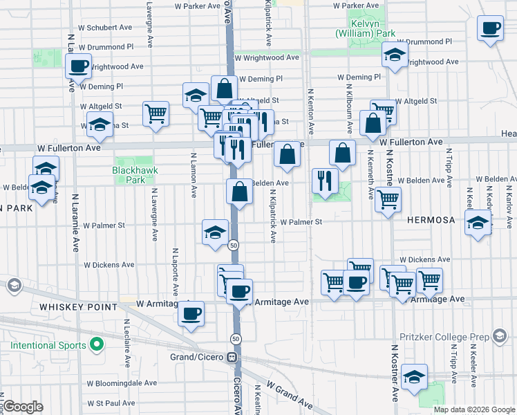 map of restaurants, bars, coffee shops, grocery stores, and more near 2244 North Kilpatrick Avenue in Chicago