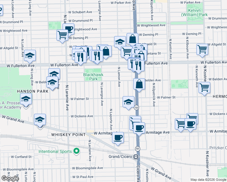 map of restaurants, bars, coffee shops, grocery stores, and more near 2246 North Laporte Avenue in Chicago