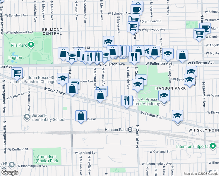 map of restaurants, bars, coffee shops, grocery stores, and more near 2256 North Mango Avenue in Chicago