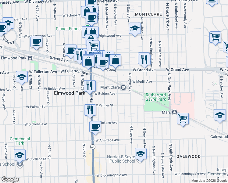 map of restaurants, bars, coffee shops, grocery stores, and more near 2319 North Nordica Avenue in Chicago