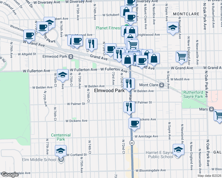 map of restaurants, bars, coffee shops, grocery stores, and more near 2305 73rd Avenue in Elmwood Park