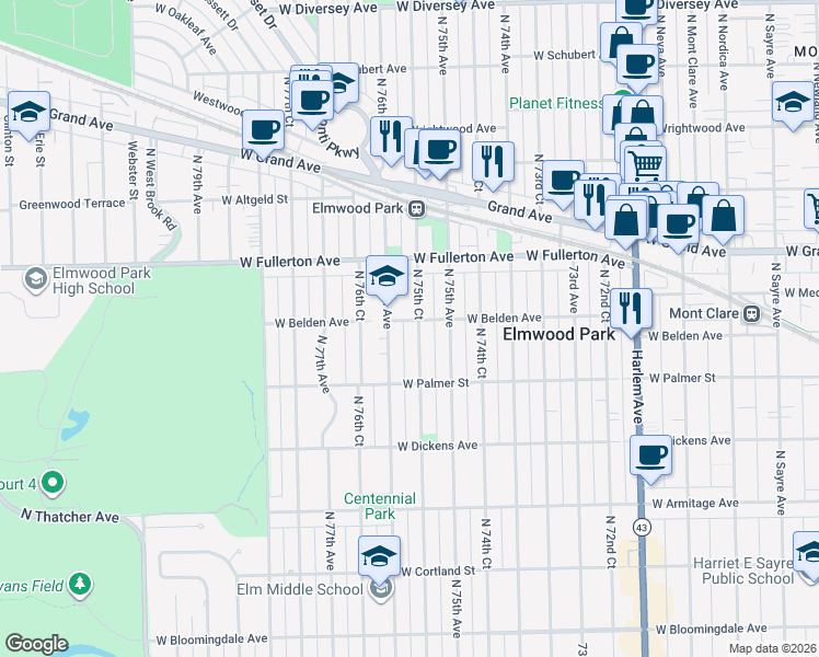 map of restaurants, bars, coffee shops, grocery stores, and more near 2309 North 75th Court in Elmwood Park