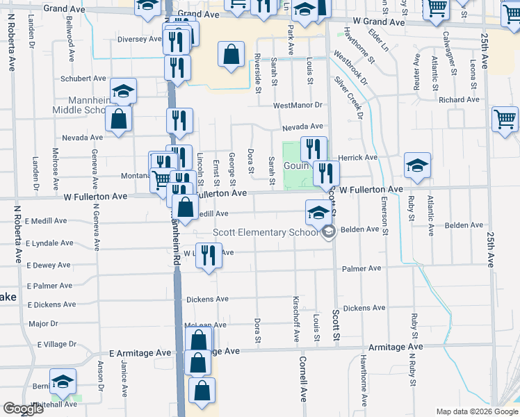 map of restaurants, bars, coffee shops, grocery stores, and more near 10145 West Fullerton Avenue in Melrose Park