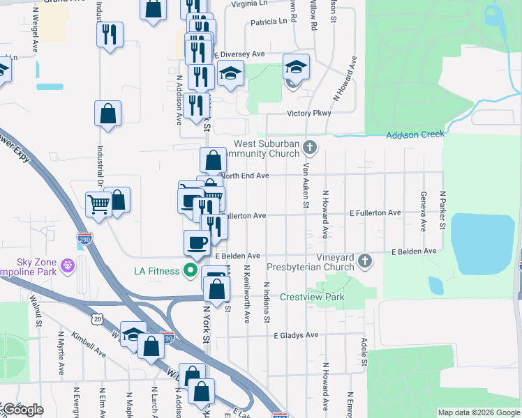 map of restaurants, bars, coffee shops, grocery stores, and more near 769 North Indiana Street in Elmhurst