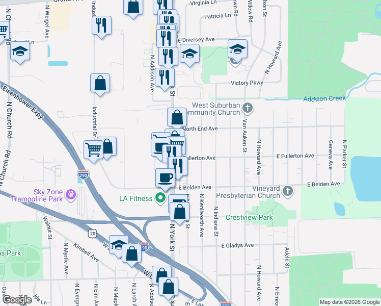 map of restaurants, bars, coffee shops, grocery stores, and more near 764 North Kenilworth Avenue in Elmhurst