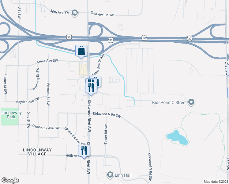 map of restaurants, bars, coffee shops, grocery stores, and more near 230 Kirkwood Court Southwest in Cedar Rapids