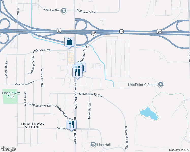 map of restaurants, bars, coffee shops, grocery stores, and more near 230 Kirkwood Court Southwest in Cedar Rapids