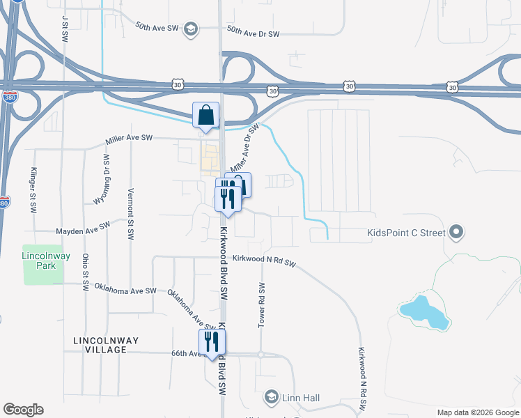 map of restaurants, bars, coffee shops, grocery stores, and more near 5455 Kirkwood Blvd SW in Cedar Rapids