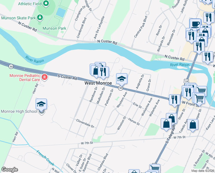 map of restaurants, bars, coffee shops, grocery stores, and more near 525 Mulhollen Drive in Monroe