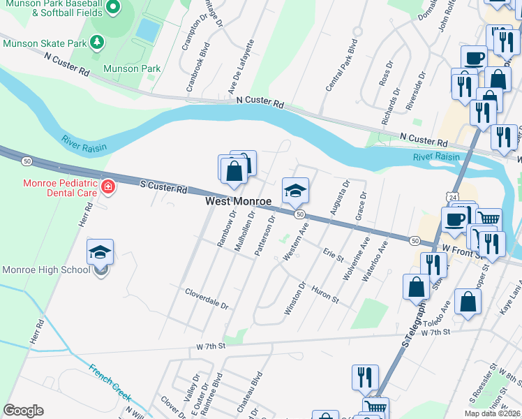 map of restaurants, bars, coffee shops, grocery stores, and more near 525 Mulhollen Drive in Monroe
