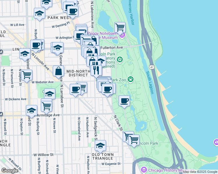 map of restaurants, bars, coffee shops, grocery stores, and more near 2140 North Lincoln Park West in Chicago