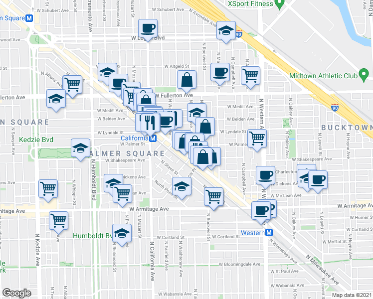 map of restaurants, bars, coffee shops, grocery stores, and more near 2217 North Milwaukee Avenue in Chicago