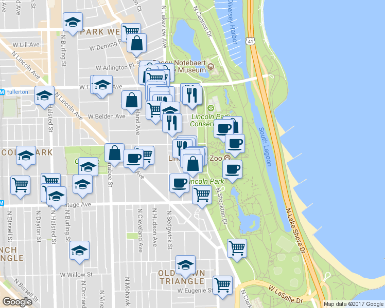map of restaurants, bars, coffee shops, grocery stores, and more near 2140 North Lincoln Park West in Chicago