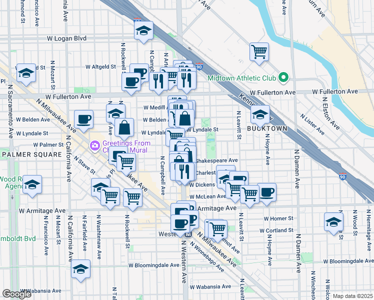 map of restaurants, bars, coffee shops, grocery stores, and more near 2346 West Palmer Street in Chicago
