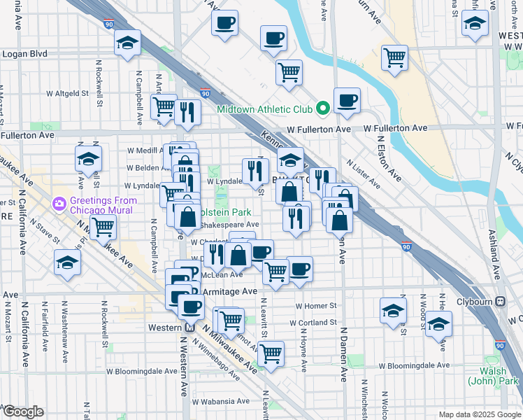 map of restaurants, bars, coffee shops, grocery stores, and more near N Leavitt St & W Webster Ave in Chicago