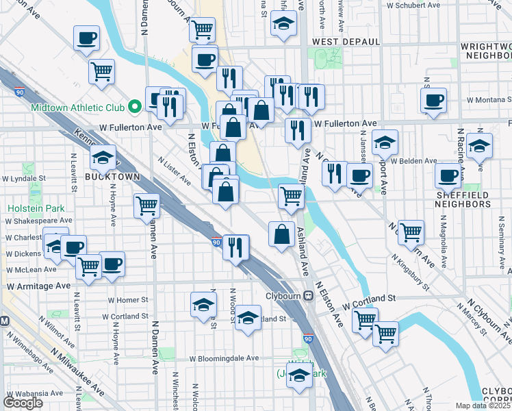 map of restaurants, bars, coffee shops, grocery stores, and more near 2211 North Elston Avenue in Chicago