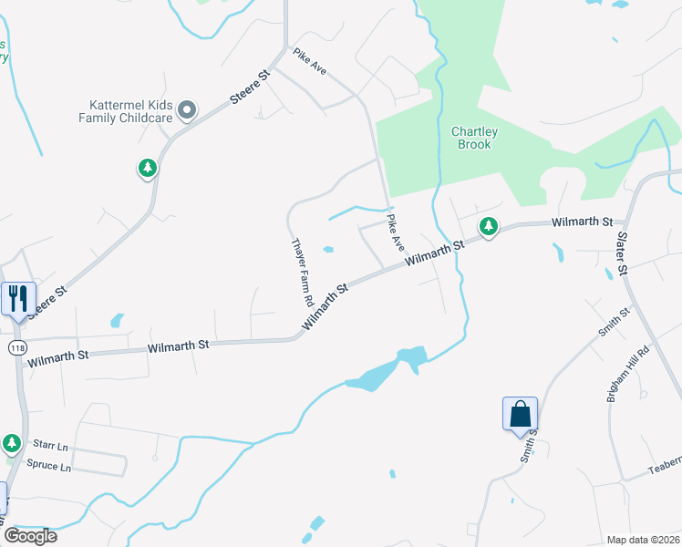 map of restaurants, bars, coffee shops, grocery stores, and more near 358 Wilmarth Street in Attleboro