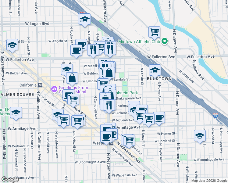 map of restaurants, bars, coffee shops, grocery stores, and more near 2150 North Claremont Avenue in Chicago