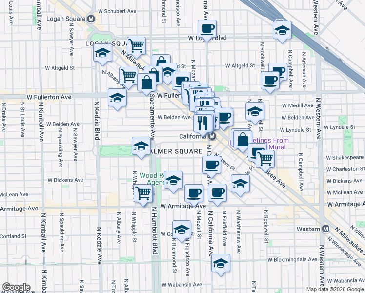 map of restaurants, bars, coffee shops, grocery stores, and more near 2842 West Palmer Street in Chicago