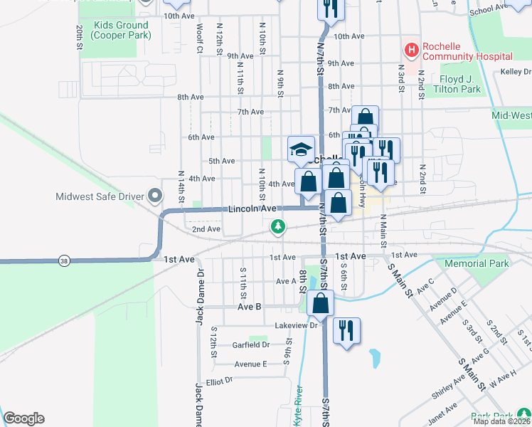 map of restaurants, bars, coffee shops, grocery stores, and more near 308 North 9th Street in Rochelle